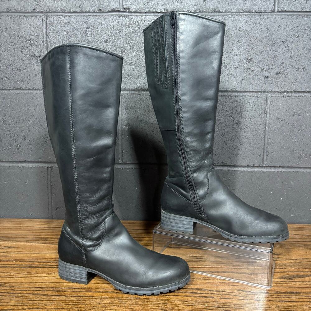 Clarks Black Leather Knee High Riding Boots Lug Sole Zip Women’s 7